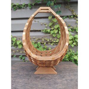 Handcrafted MCM Wooden Basket w/Geometric Architectural Design & Handle